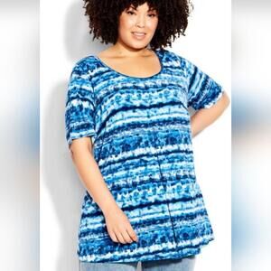 Avenue Striped Blue Tie-Dye Pleat Front Tunic Top Plus Size 22/24